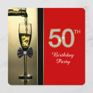 Convite Festa de 50 anos Vermelho e Dourado Champanhe