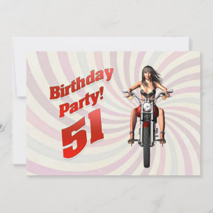 Convite festa de 51º aniversário com uma garota numa moto