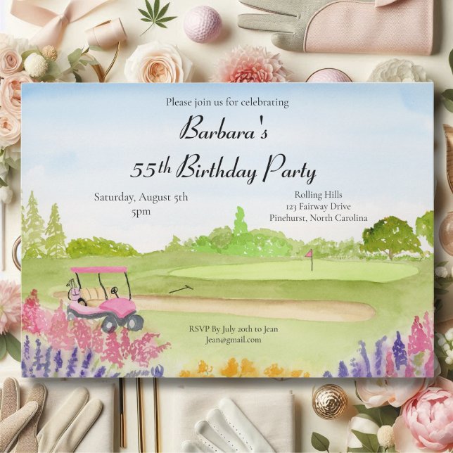 Convite Festa de 55º Aniversário Carrinho de Golfe Rosa Ca (Criador carregado)
