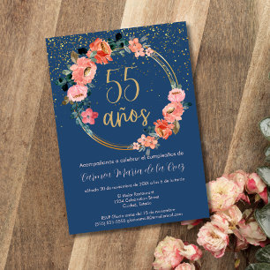 Convite Festa de 55 Anos Espanhola Beleza Dourada Floral