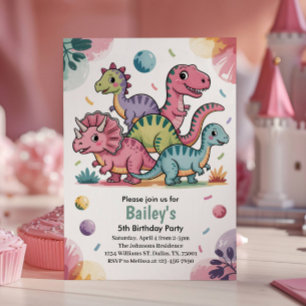 Convite Festa de 5 Anos Dinossauro Rosa Fofo para Crianças