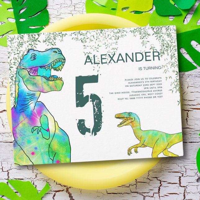 Convite Festa de 5 anos do Dinossauro T-Rex e Raptor (dinosaur 5th birthday party invitation with colorful T-Rex and Velociraptor )