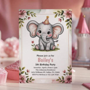 Convite Festa de 5 Anos do Elefante Rosa Fofo Infantil