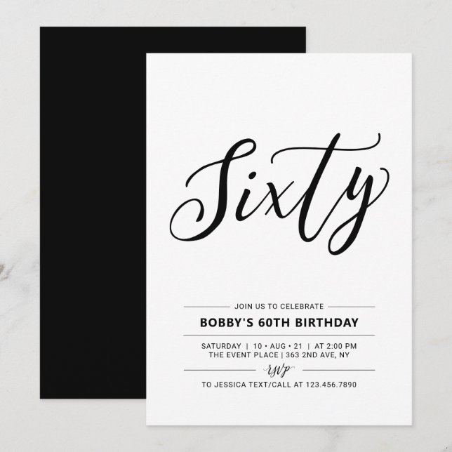 Convite Festa de 60 Anos Black & White Sixty Minimal (Frente/Verso)