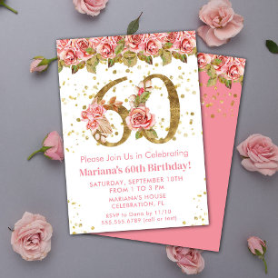 Convite Festa de 60 Anos com Brilho Dourado e Floral Rosa