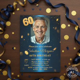 Convite Festa de 60 Anos com Foto em Azul Marinho e Brilho