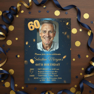 Convite Festa de 60 Anos com Foto em Azul Marinho e Brilho