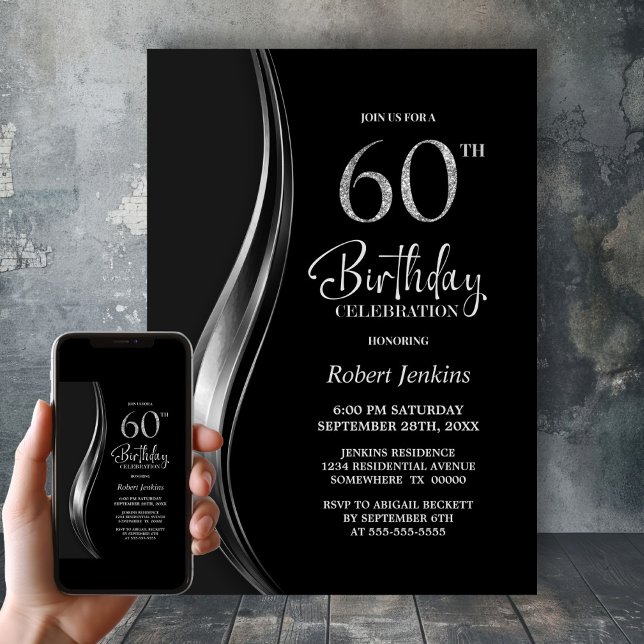 Convite Festa de 60 Anos de Idade com Estilo Preto e Prata (Criador carregado)