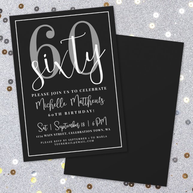 Convite Festa de 60 Anos de Idade Preta Moderna (Modern Black 60th Birthday Party Invitation)