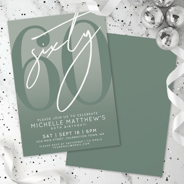 Convite Festa de 60 Anos em Verde Sage (Sage Green 60th Birthday Party Invitation)