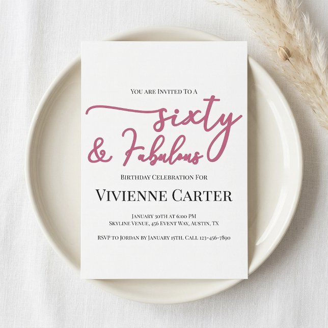 Convite Festa de 60 anos moderna e fabulosa em rosa (Modern 60 and Fabulous Pink 60th Birthday Party Invitation)