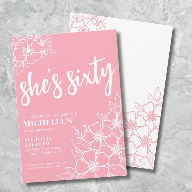 Convite Festa de 60 Anos Rosa (Elegant Sixty Pink 60th Birthday Party Invitation)