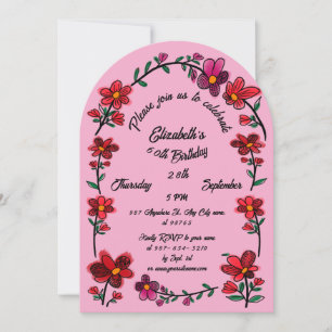 Convite Festa de 60 Anos Rosa com Flores Desenho Caprichos