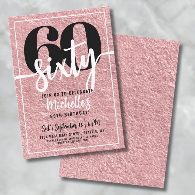 Convite Festa de 60 Anos Rose Gold (Modern Rose Gold 60th Birthday Party Invitation )