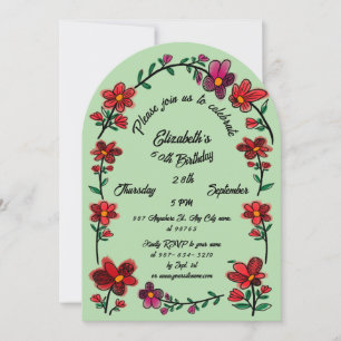 Convite Festa de 60 Anos Verde Doodle Caprichoso Flores
