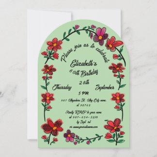 Convite Festa de 60 Anos Verde Doodle Caprichoso Flores