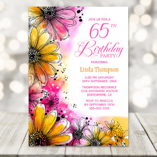 Convite Festa de 65 Anos com Flores Rosa e Laranja