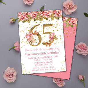 Convite Festa de 65 anos com Glitter Dourado e Floral Rosa
