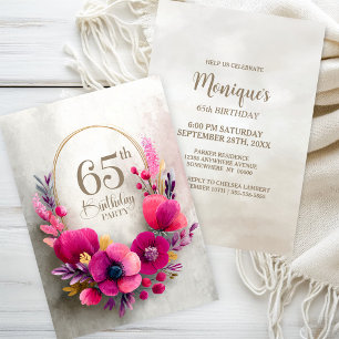 Convite Festa de 65 Anos com Tema Floral Rosa