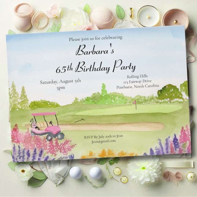 Convite Festa de 65 Anos de Idade Carrinho de Golfe Rosa n (Criador carregado)