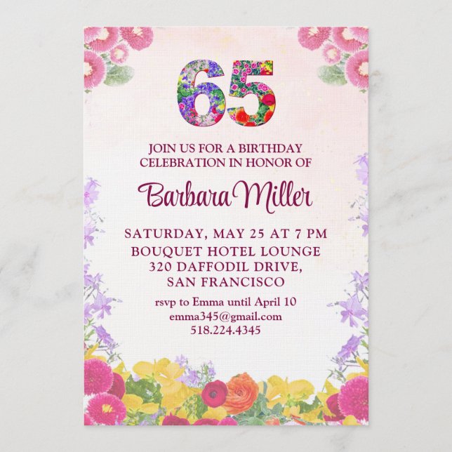 Convite Festa de 65 Anos - Floral Blush Bloom 65 (Frente)