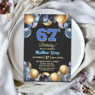 Convite Festa de 67º Aniversário Azul Prateado Dourado Ele
