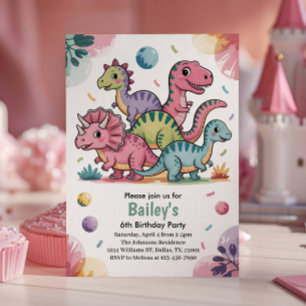 Convite Festa de 6 Anos do Dinossauro Rosa Fofo para Crian