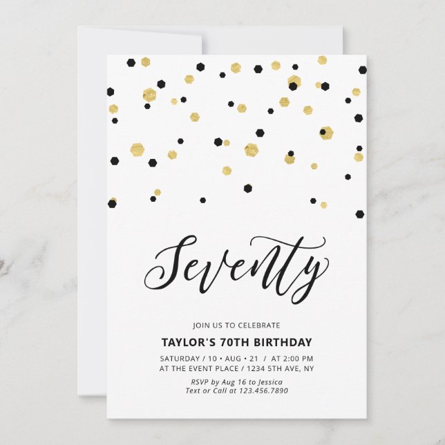 Convite Festa de 70 anos Black & Gold Simple Seventy (Frente)