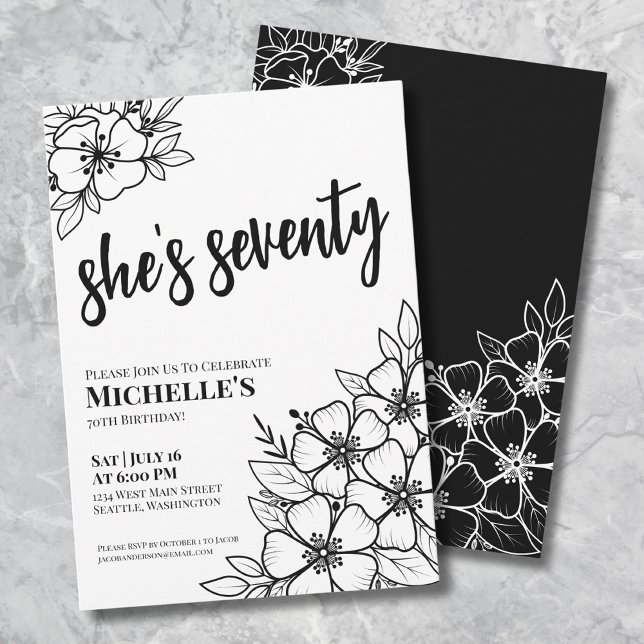 Convite Festa de 70 Anos Chic Setenta Preto Branco (Chic Seventy Black White 70th Birthday Party Invitation)