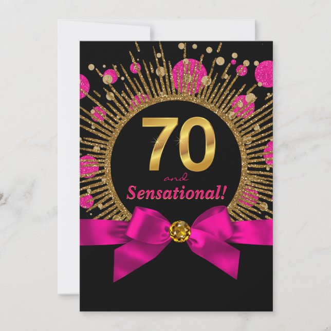 Convite Festa de 70 anos da Mulher em Fuchsia e Dourado (Frente)