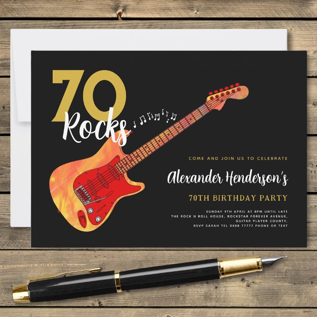 Convite Festa de 70 anos de Rock and Roll 70 rochas (Rock and roll 70th birthday party black and gold invitation with fire electric guitar music)