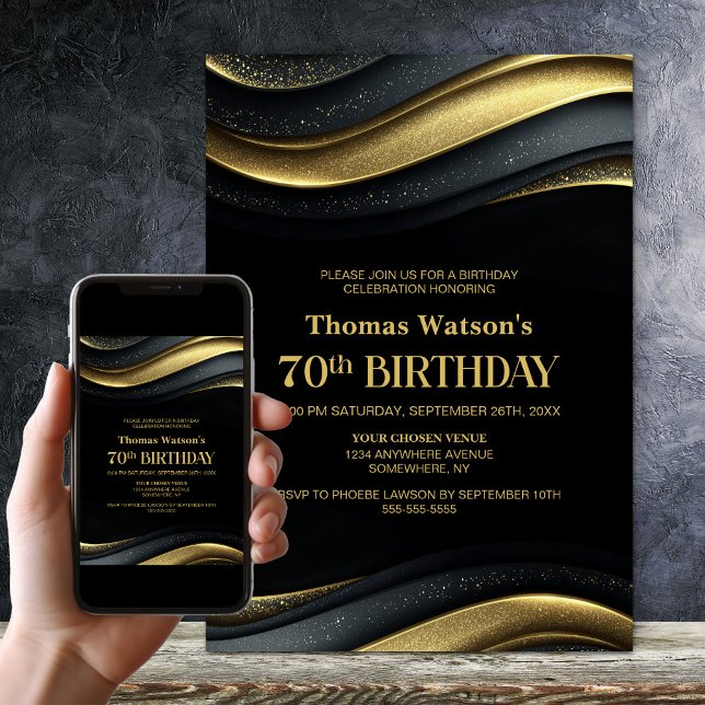 Convite Festa de 70 Anos Moderna em Preto e Dourado (Criador carregado)