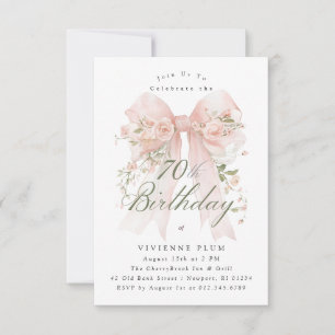 Convite Festa de 70 Anos Rosa Coquete Laço Rosa Floral