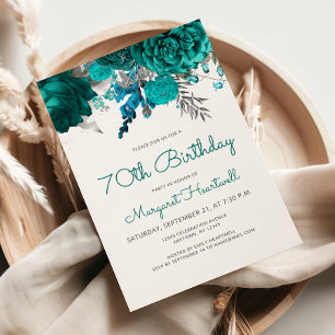 Convite Festa de 70 anos Teal Blue Silver Floral