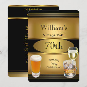 Convite Festa de 70 anos Vintage Masculina Cerveja Dourada