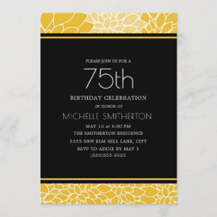 Convite Festa de 75 Anos Amarelo Branco Floral Preto