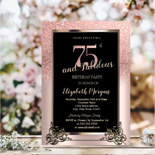 Convite Festa de 75 Anos Chic Rose Gold Glitter Ombre