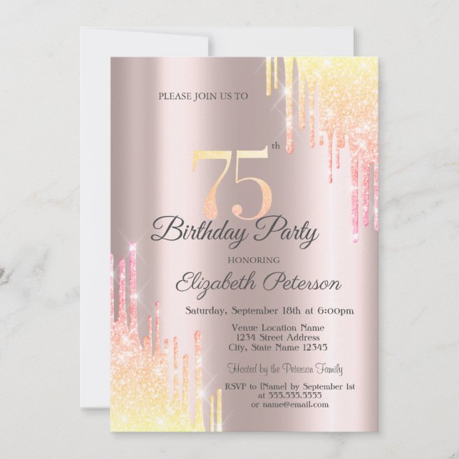 Convite Festa de 75 Anos com Ombre Glitter Drips (Frente)