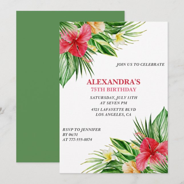 Convite Festa de 75 anos com tema havaiano Hibiscus (Frente/Verso)