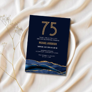 Convite Festa de 75 Anos de Idade Azul Marinho Dourado Ele