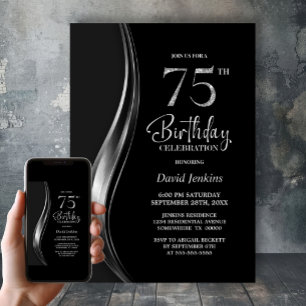 Convite Festa de 75 Anos de Idade com Estilo Preto e Prata