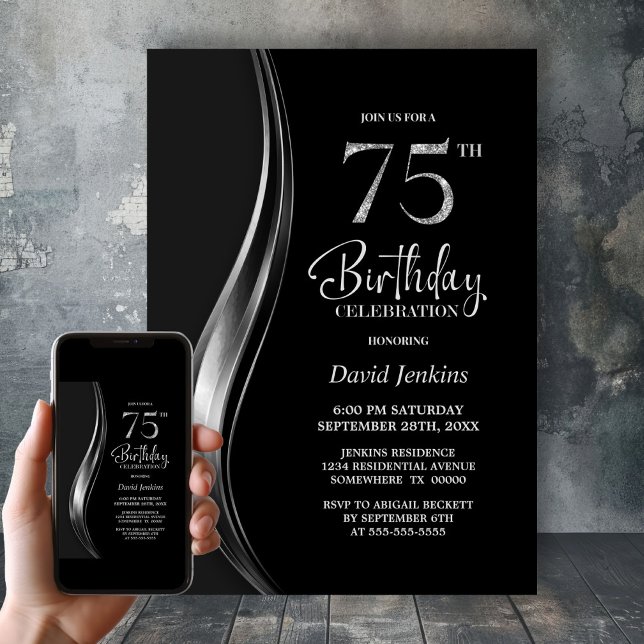 Convite Festa de 75 Anos de Idade com Estilo Preto e Prata (Criador carregado)