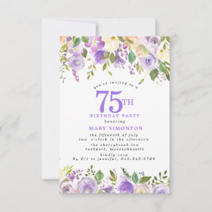 Convite Festa de 75 Anos Petite Rosa Floral Roxa