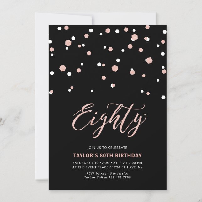 Convite Festa de 80 anos Black Rose Gold Simple Eighty (Frente)