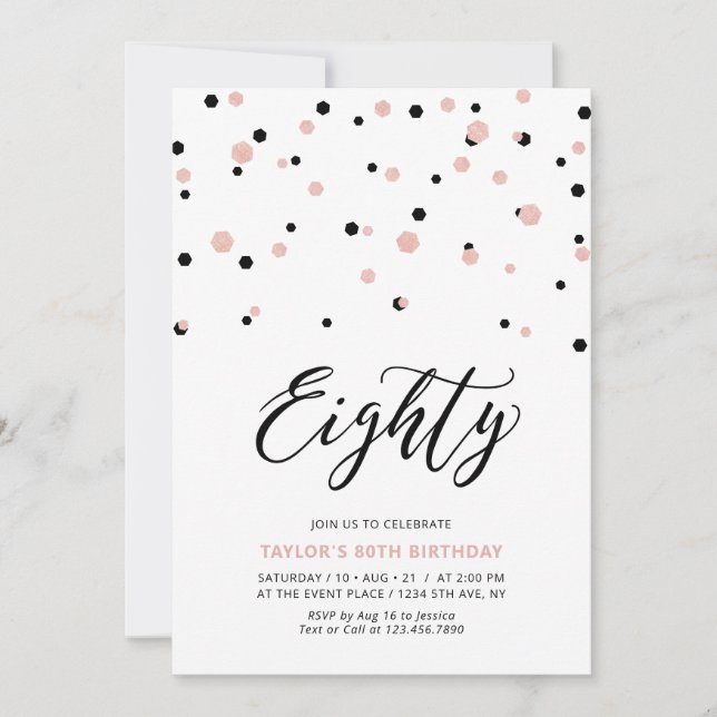 Convite Festa de 80 Anos Black Rose Gold Simple Eighty (Frente)