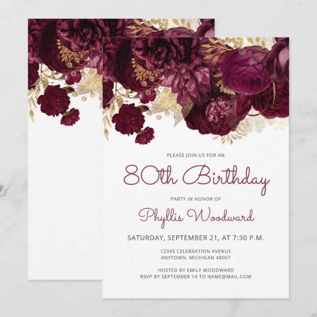 Convite Festa de 80 Anos Burgundy Gold Floral (Frente/Verso)