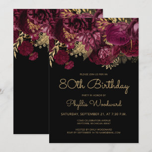 Convite Festa de 80 Anos Burgundy Gold Floral