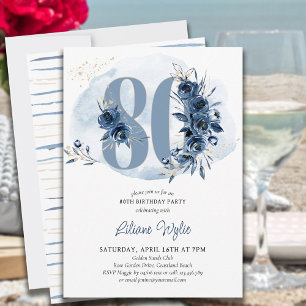 Convite Festa de 80 Anos Coastal Blue Floral Número 80