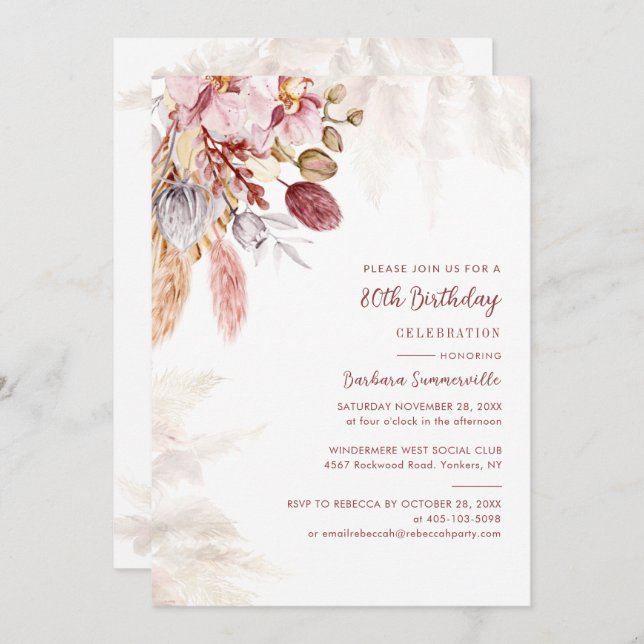 Convite Festa de 80 Anos com Grama das Pampas em Terracota (Frente/Verso)