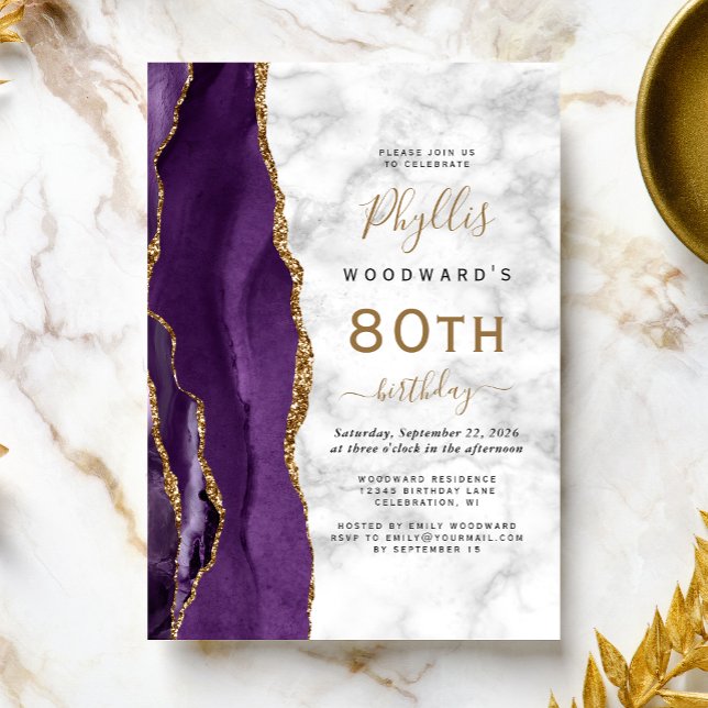 Convite Festa de 80 Anos com Mármore de Ágata Dourada Roxa (Criador carregado)